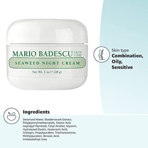 Mario Badescu Seaweed Night Cream for Women Anti Aging Oil-Free Moisturizer with Collagen & Sodium Hyaluronate, Ideal for Combination, Oily or Sensitive Skin, Moisturizes & Smooths Skin, 1 Fl Oz