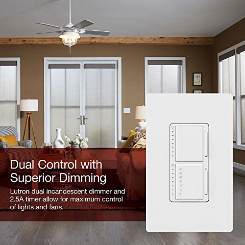 Lutron Maestro 300-Watt Single-Pole Digital Dimmer and Timer Switch with Wallplate, for Incandescent and Halogen Bulbs, MA-L3T251HW-WH, White