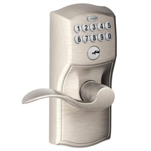 schlage fe595 cam 619 acc camelot keypad entry with flex-lock and accent levers, satin nickel