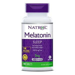 natrol melatonin 5 mg with vitamin b-6 10 mg time release sleep aid tablets, 100 servings, fall asleep faster & stay asleep longer, controlled release, drug free dietary supplement, (pack of 2)