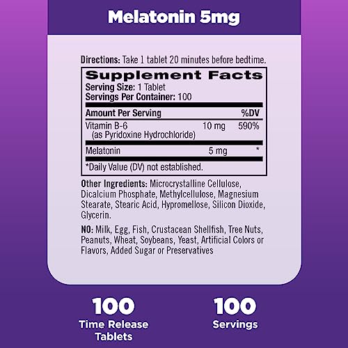Natrol Melatonin 5 mg with Vitamin B-6 10 mg Time Release Sleep Aid Tablets, 100 Servings, Fall Asleep Faster & Stay Asleep Longer, Controlled Release, Drug Free Dietary Supplement, (Pack of 2)