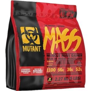 mutant mass weight gainer protein powder with a whey isolate, concentrate, and casein protein blend, for high-calorie workout shakes, smoothies and drinks, (2.27 kg), strawberry banana