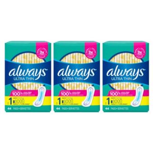 always ultra thin pads for women, size 1 regular absorbency without wings unscented, 44 count (pack of 3)