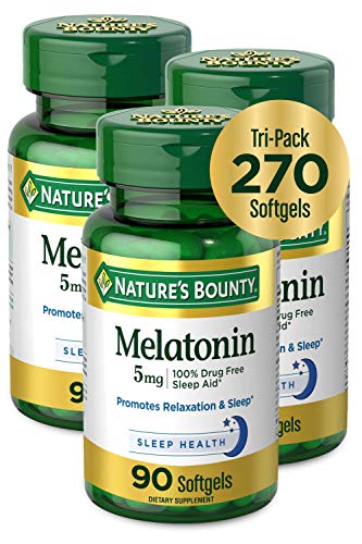 Nature's Bounty Melatonin 100% Drug Free Sleep Aid, Dietary Supplement, Promotes Relaxation and Sleep Health, 5 mg, 90 Count, Pack of 3