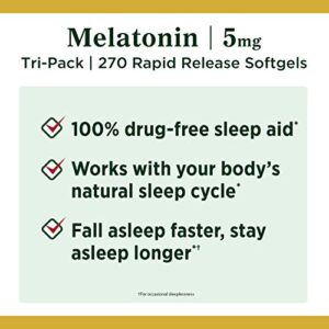 Nature's Bounty Melatonin 100% Drug Free Sleep Aid, Dietary Supplement, Promotes Relaxation and Sleep Health, 5 mg, 90 Count, Pack of 3