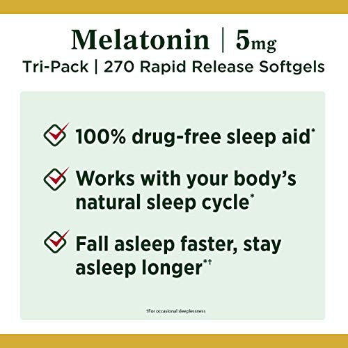 Nature's Bounty Melatonin 100% Drug Free Sleep Aid, Dietary Supplement, Promotes Relaxation and Sleep Health, 5 mg, 90 Count, Pack of 3