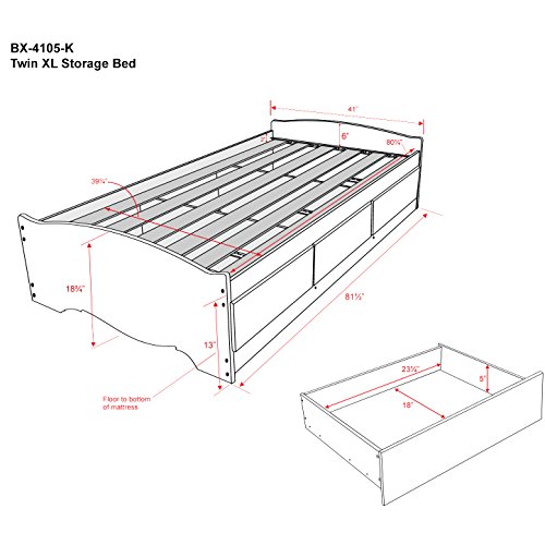 Prepac Mate's Twin XL 3-Drawer Minimalist Platform Storage Bed, Contemporary Twin XL Bed with Drawers 81.5" D x 41" W x 18.75" H, Espresso, EBX-4105-K