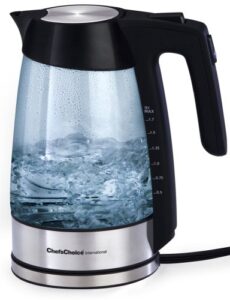 chef'schoice 679 cordless electric glass kettle with soft-touch handle auto shut-off and boil-dry protection, 1.7 liter, silver