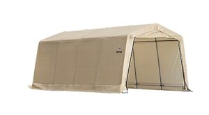 shelterlogic 10' x 20' x 8' peak style roof instant garage carport car canopy with steel frame and waterproof uv-treated cover, sandstone