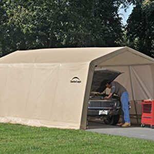 ShelterLogic 10' x 20' x 8' Peak Style Roof Instant Garage Carport Car Canopy with Steel Frame and Waterproof UV-Treated Cover, Sandstone