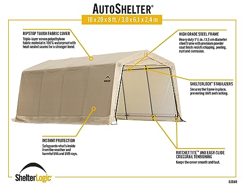 ShelterLogic 10' x 20' x 8' Peak Style Roof Instant Garage Carport Car Canopy with Steel Frame and Waterproof UV-Treated Cover, Sandstone