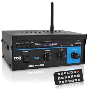 pyle home home audio power amplifier system 2x40w mini dual channel sound stereo receiver box w/ led for amplified speakers, cd player, theater via 3.5mm rca for studio, home use pyle pca2 black