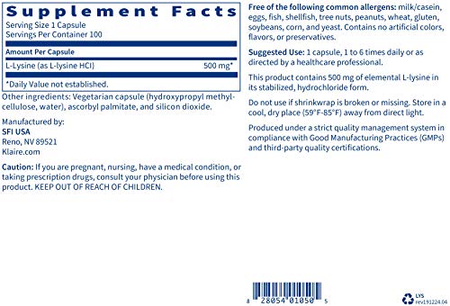 Klaire Labs L-Lysine - 500 Milligrams Essential Amino Acid Support for Immune Health & Collagen Formation, Hypoallergenic & Dairy-Free (100 Capsules)