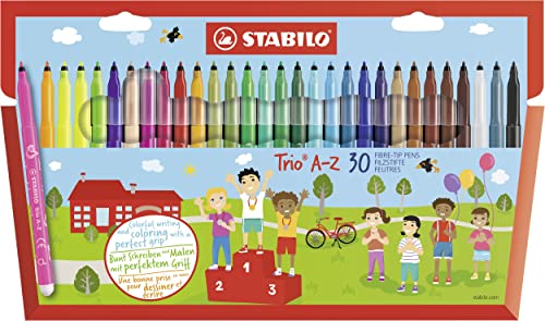 STABILO Fiber-Tip Pen with Triangular Grip Zone Trio A-Z - Pack of 30 - Assorted Colors including 5 Neon Colors