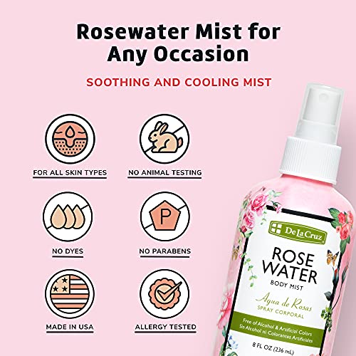 De La Cruz Rose Water Body Mist - Rosewater Spray for Face, Skin and Hair 8 fl oz (1 Bottles)