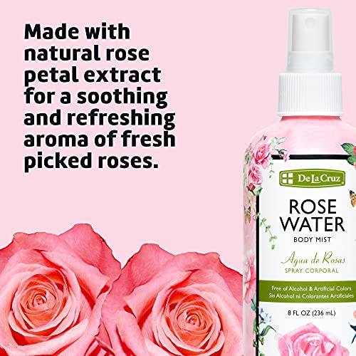 De La Cruz Rose Water Body Mist - Rosewater Spray for Face, Skin and Hair 8 fl oz (1 Bottles)