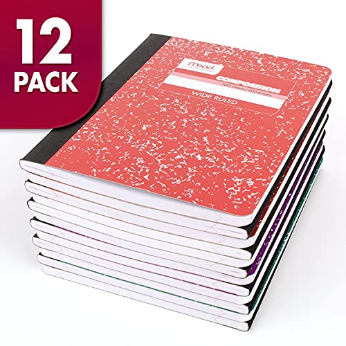 Mead Composition Notebooks, 12 Pack, Wide Ruled Paper, 9-3/4" x 7-1/2", 100 Sheets per Comp Book, Color Will Vary (73389)