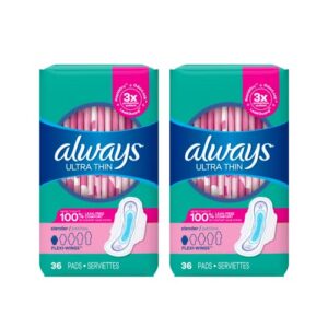 always ultra thin pads slender unscented with wings, 36 count x 2 packs (72 count total)