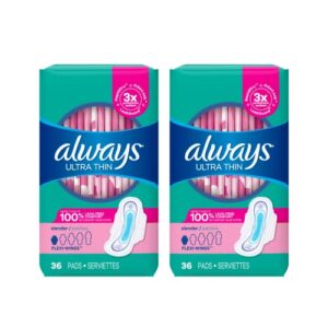 Always Ultra Thin Pads Slender Unscented with Wings, 36 Count x 2 Packs (72 Count total)