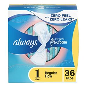 always infinity flexfoam pads for women size 1 regular absorbency, 72 count with wings, unscented, 36 count - pack of 2 (72 count total), white