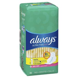 Always Ultra Thin Pads Size 1 Regular Absorbency Scented with Wings, 32 Count (Pack of 2), Packaging may vary
