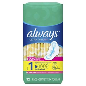 always ultra thin pads size 1 regular absorbency scented with wings, 32 count (pack of 2), packaging may vary