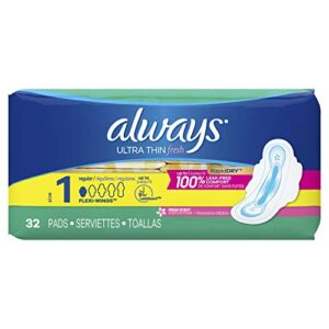 Always Ultra Thin Pads Size 1 Regular Absorbency Scented with Wings, 32 Count (Pack of 2), Packaging may vary