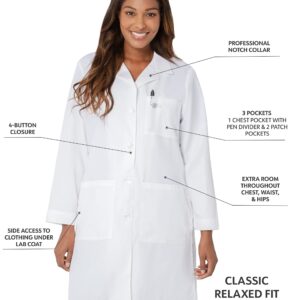 Landau Relaxed Fit 3-Pocket 4-Button Full-Length Lab Coat for Women 3155, White, 6