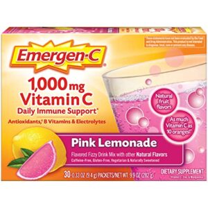 emergen-c 1000mg vitamin c powder, with antioxidants, b vitamins and electrolytes, immunity supplements for immune support, caffeine free fizzy drink mix, pink lemonade flavor - 30 count