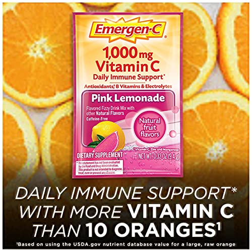 Emergen-C 1000mg Vitamin C Powder, with Antioxidants, B Vitamins and Electrolytes, Immunity Supplements for Immune Support, Caffeine Free Fizzy Drink Mix, Pink Lemonade Flavor - 30 Count