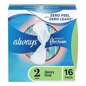 always infinity feminine pads for women, size 2 heavy flow absorbency, with flexfoam, with wings, unscented, 16 count