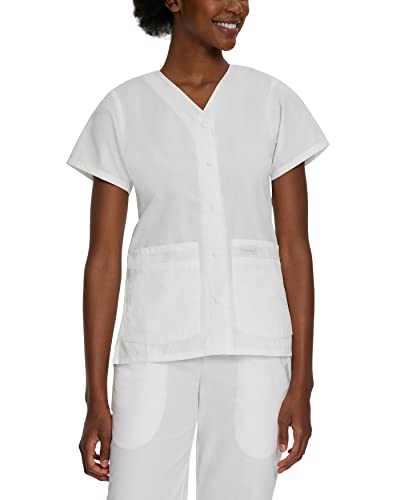 Landau Essentials Relaxed Fit 4-Pocket V-Neck Scrub Top for Women 8232, White, Medium