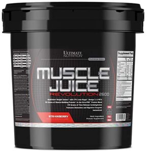 ultimate nutrition muscle juice revolution 2600, lean muscle mass gainer protein powder with glutamine, whey protein isolate for weight gain, time release carbohydrates, 11.1 pounds, strawberry