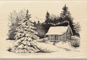 inkadinkado snowy winter cabin wooden christmas stamp, 2.75'' w x 4'' l