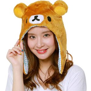 sazac san-x licensed rilakkuma animel beanie fluffy beanie cap soft warm winter head wear (rilakkuma-brown)