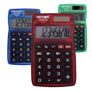 victor 700bts 8-digit pocket calculator in assorted bright colors, battery and solar hybrid powered lcd display, great for students and kids, color varies (red, green, blue)