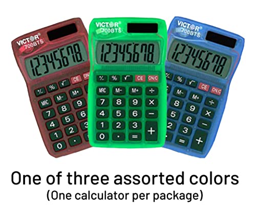 Victor 700BTS 8-Digit Pocket Calculator in Assorted Bright Colors, Battery and Solar Hybrid Powered LCD Display, Great for Students and Kids, Color Varies (Red, Green, Blue)