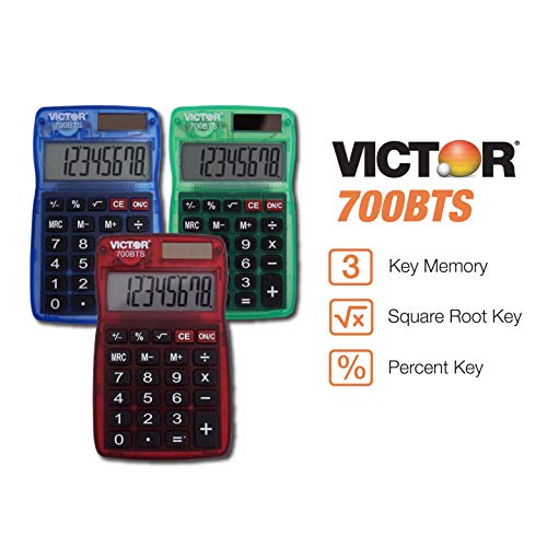 Victor 700BTS 8-Digit Pocket Calculator in Assorted Bright Colors, Battery and Solar Hybrid Powered LCD Display, Great for Students and Kids, Color Varies (Red, Green, Blue)