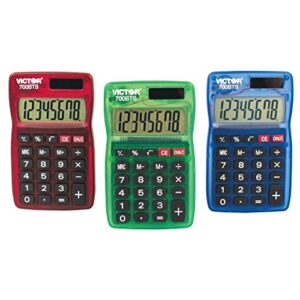 Victor 700BTS 8-Digit Pocket Calculator in Assorted Bright Colors, Battery and Solar Hybrid Powered LCD Display, Great for Students and Kids, Color Varies (Red, Green, Blue)