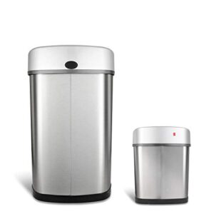 NINESTARS CB-DZT-50-9/8-1 Automatic Touchless Infrared Motion Sensor Trash Can Combo Set, 13 Gal 50L & 2 Gal 8L, Stainless Steel Base (Oval & Rectangular, Silver/Black Lid)