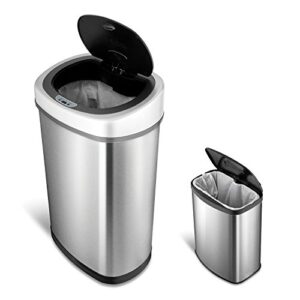 NINESTARS CB-DZT-50-9/8-1 Automatic Touchless Infrared Motion Sensor Trash Can Combo Set, 13 Gal 50L & 2 Gal 8L, Stainless Steel Base (Oval & Rectangular, Silver/Black Lid)