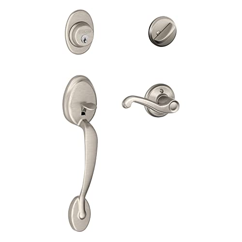 Schlage F60 V PLY 619 FLA Plymouth Front Entry Handleset with Flair Lever, Deadbolt Keyed 1 Side, Satin Nickel