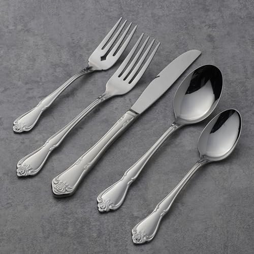 Oneida True Rose 45 Piece Everyday Flatware, Service for 8, 18/0 Stainless Steel, Silverware Set, Silver