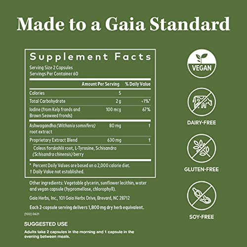 Gaia Herbs Thyroid Support - Made with Ashwagandha, Kelp, Brown Seaweed, and Schisandra to Support Healthy Metabolic Balance and Overall Well-Being - 60 Vegan Liquid Phyto-Capsules (20-Day Supply)