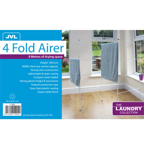 JVL Caravan Indoor/Outdoor Four Panel Folding Clothes Airer Laundry Dryer, Plastic/Metal, White