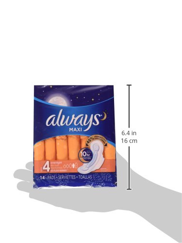 Always Maxi Size 4 Overnight Pads for Women, with Wings,Unscented, 14 Count - Pack of 4 (56 Count Total)