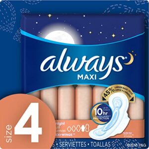 Always Maxi Size 4 Overnight Pads for Women, with Wings,Unscented, 14 Count - Pack of 4 (56 Count Total)