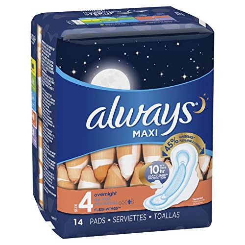 Always Maxi Size 4 Overnight Pads for Women, with Wings,Unscented, 14 Count - Pack of 4 (56 Count Total)