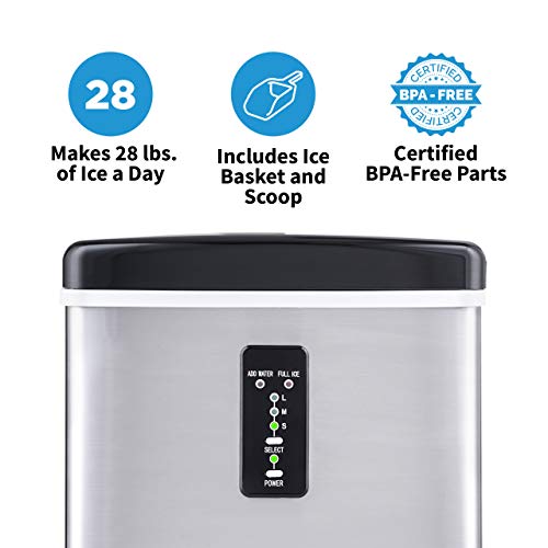Newair Countertop Ice Maker Machine 28 lbs. of Ice in 24 Hours, Portable Design in Stainless Steel with 3 Bullet Ice Cube Sizes, Convenient Rapid Ice Production, Insulated Storage