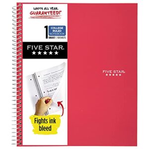 five star spiral notebook, 1 subject, college ruled paper, 100 sheets, 11" x 8-1/2", red (72053)